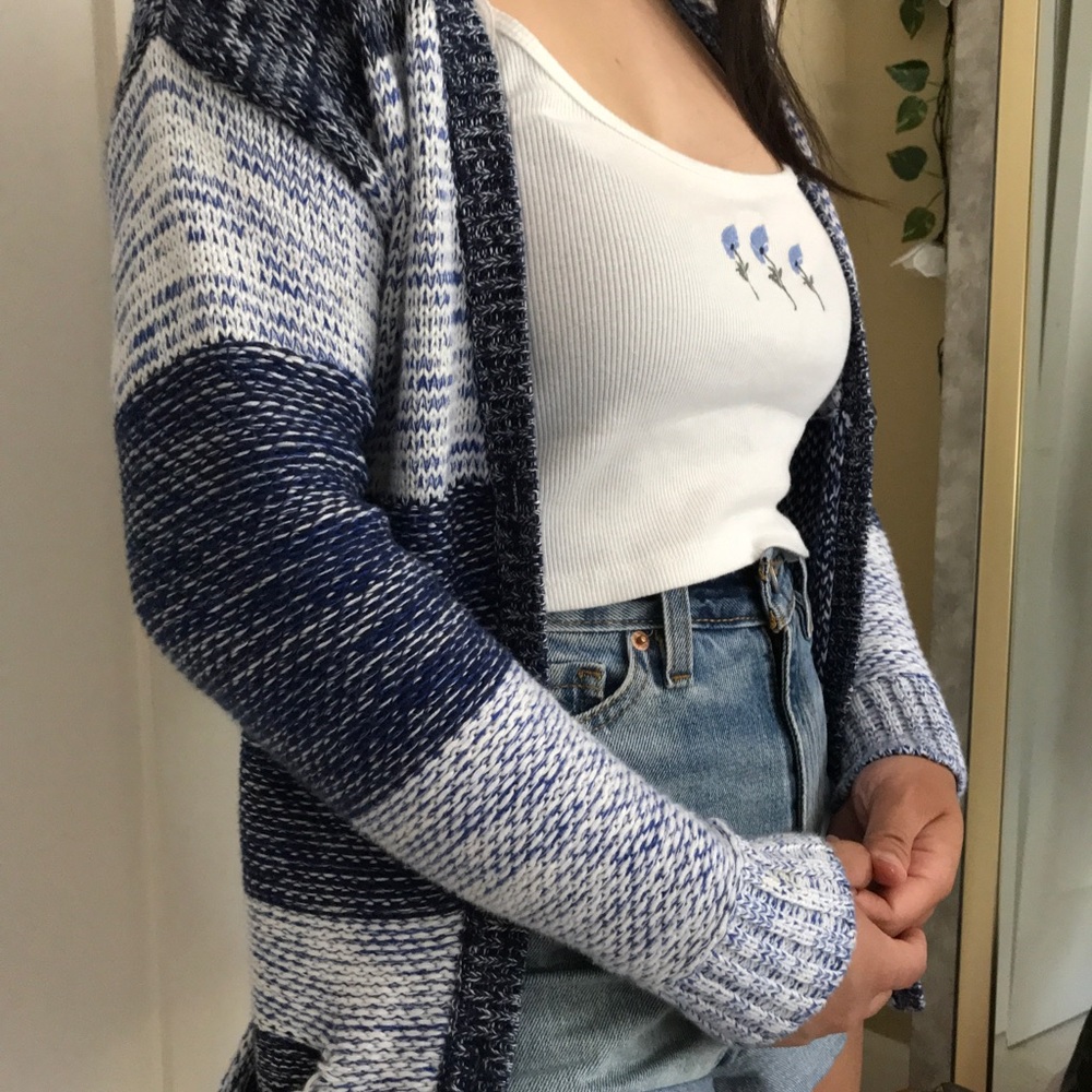 Blue Patchwork Long-sleeve Button Up Cardigan